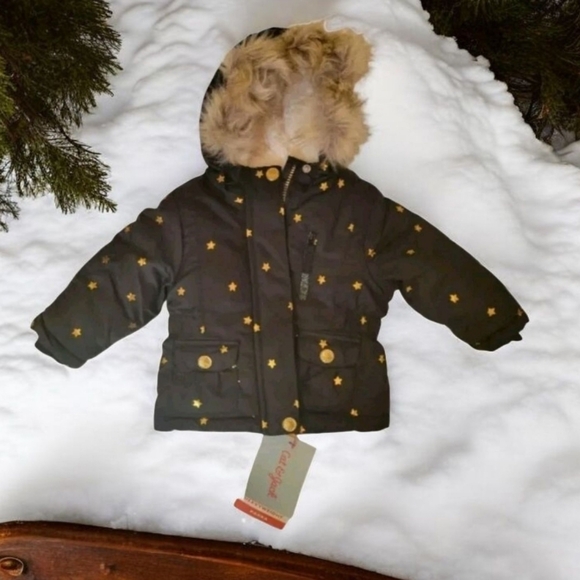 Cat & Jack Girls Black Gold Stars Hooded Snow Winter Parka Lined Jacket 12m New - Picture 1 of 9